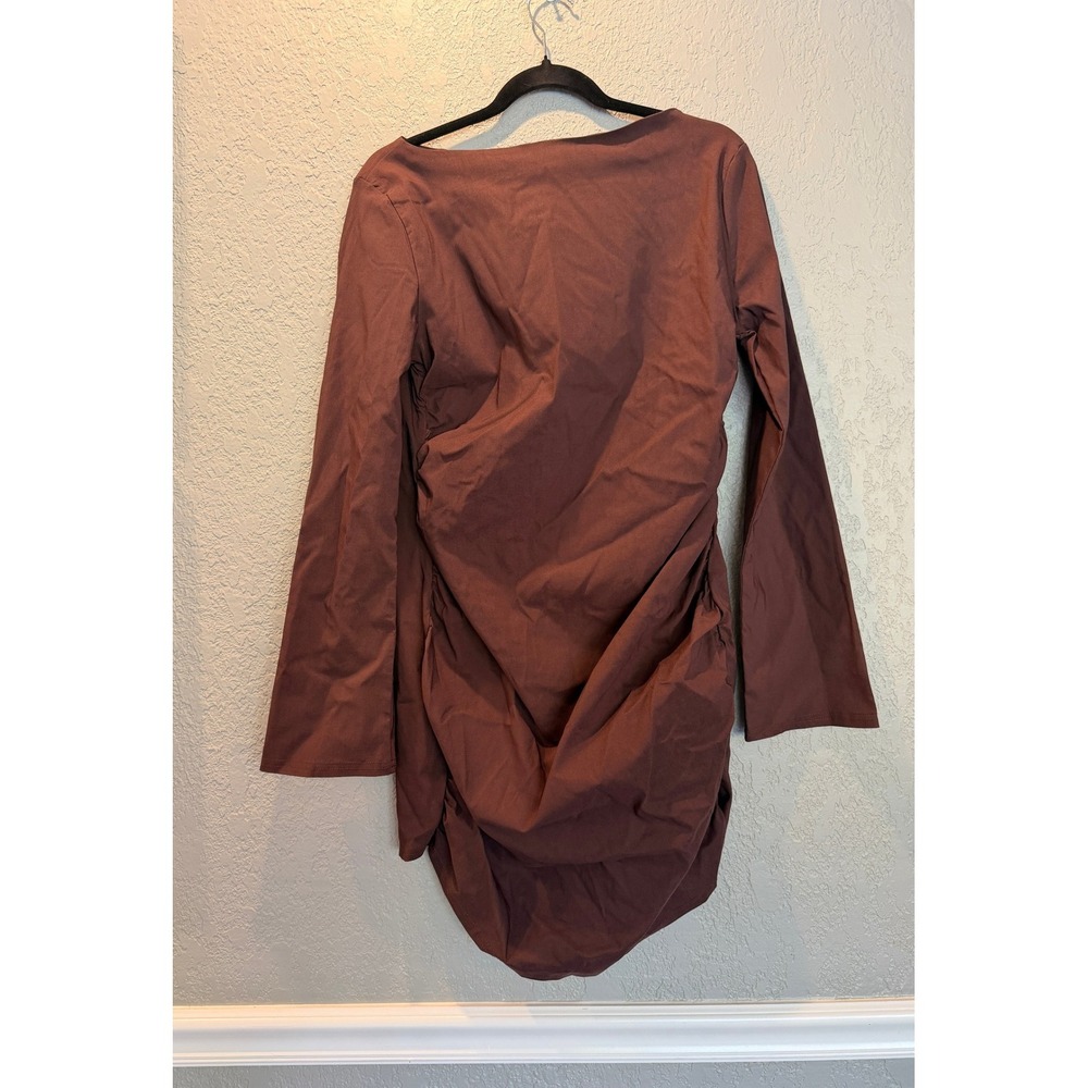 PrettyLittleThing Brown Ruched Side Long Sleeve Boat Neck Mini Dress US 12 UK 16